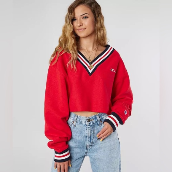 Champion | Tops | Champion Reverse Weave Cropped Vneck Sweatshirt Red Size  Large | Poshmark